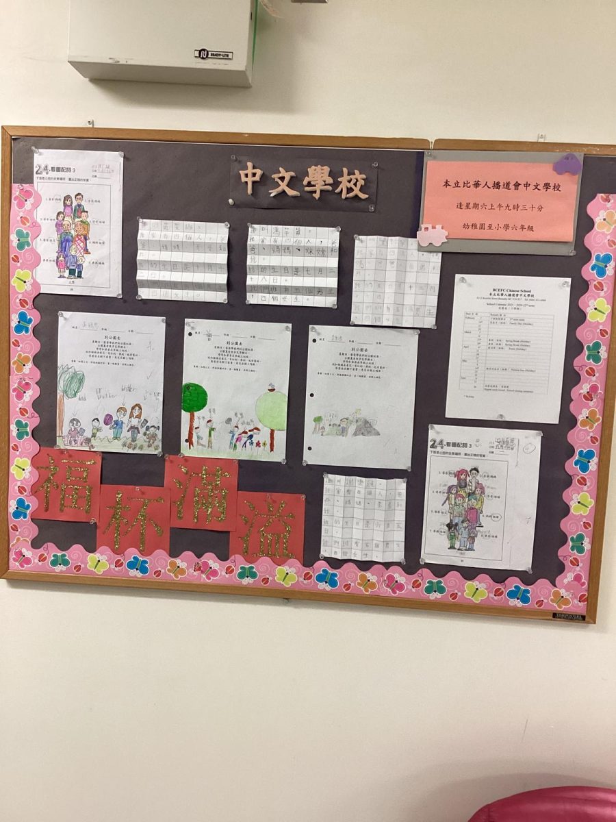 Student calligraphy and writing assignments displayed on the bulletin board