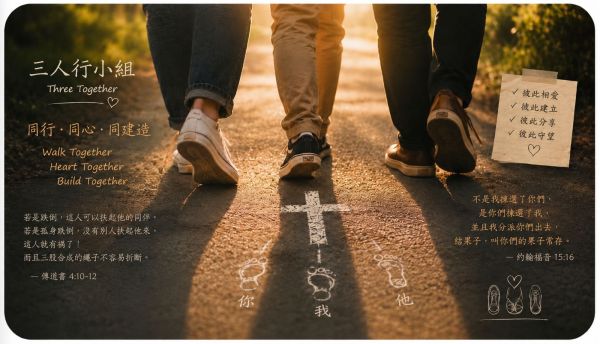Three friends walking together at sunset, symbolizing the Three-Person Walk
